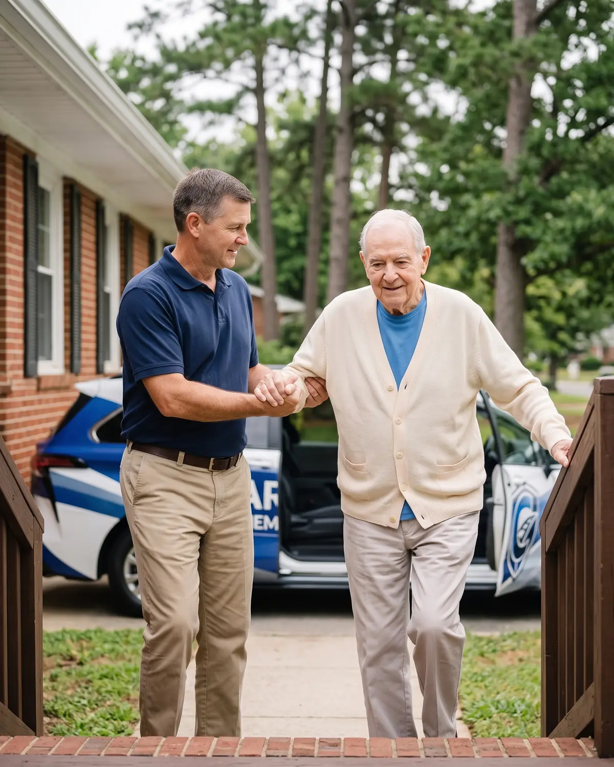 A Carolina Premier Mobility driver offers a steady arm to an older man on the front steps of his brick home.