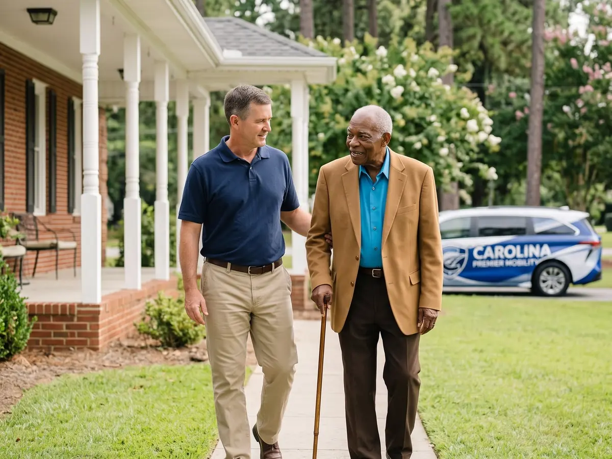 A Carolina Premier Mobility driver walks beside a rider with a cane on his front path.