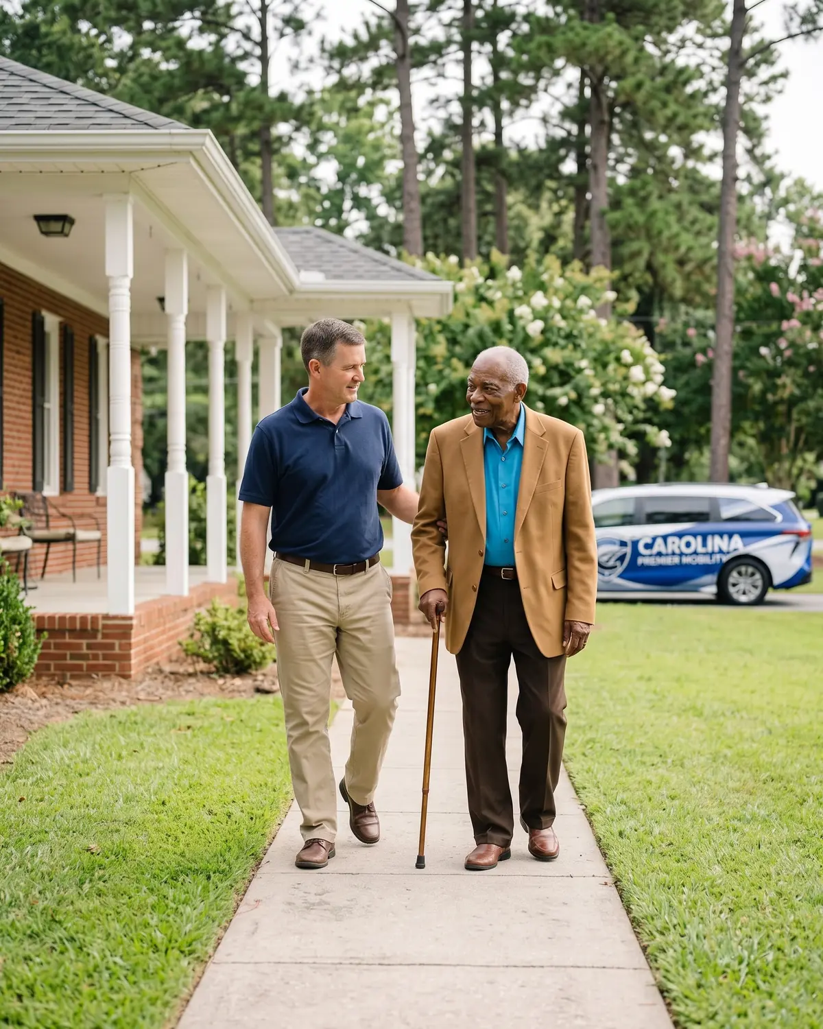 A Carolina Premier Mobility driver walks beside an older man with a cane on his front path, with the van waiting at the curb.