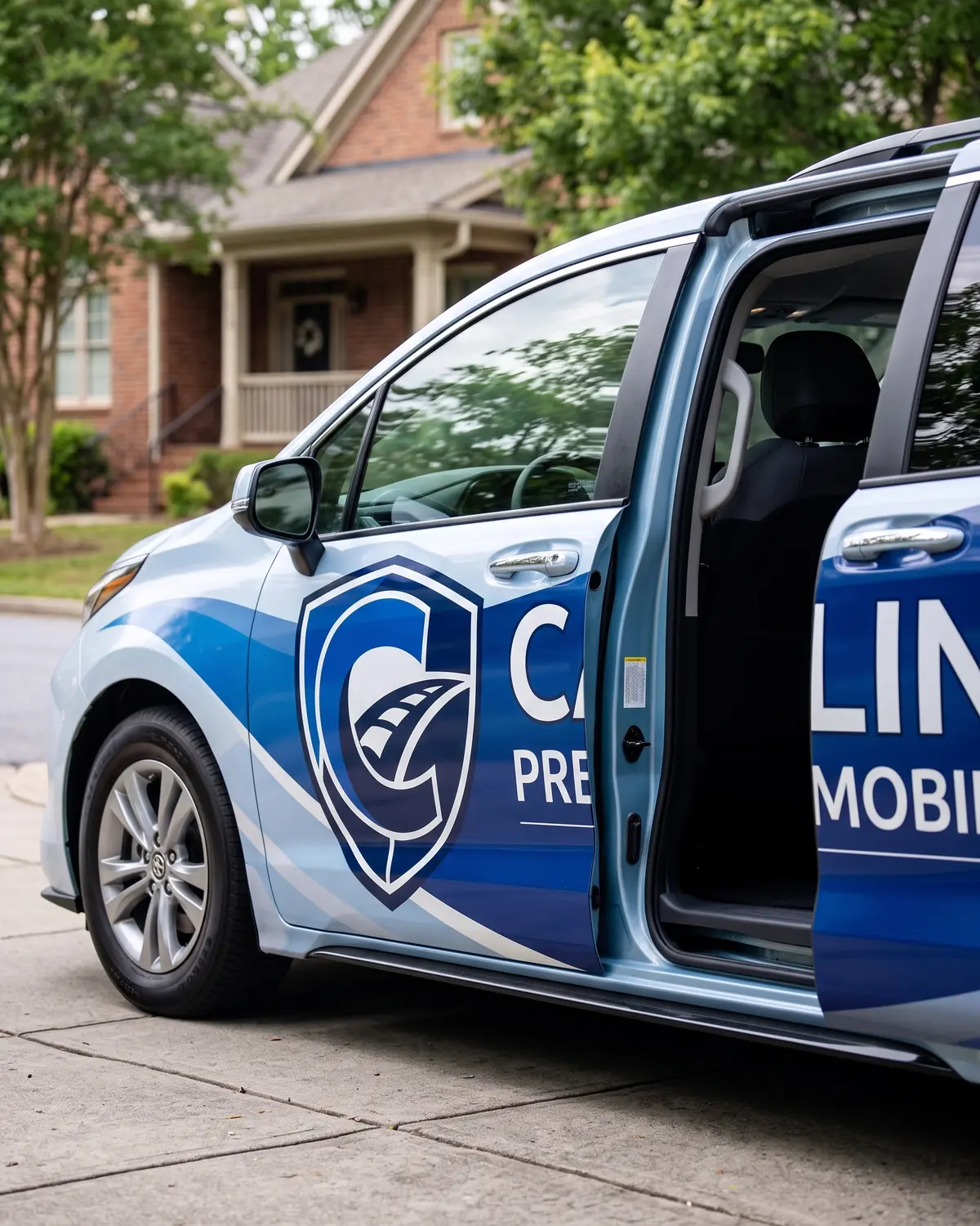 The shield logo on the front door of the Carolina Premier Mobility van, with the side door open.