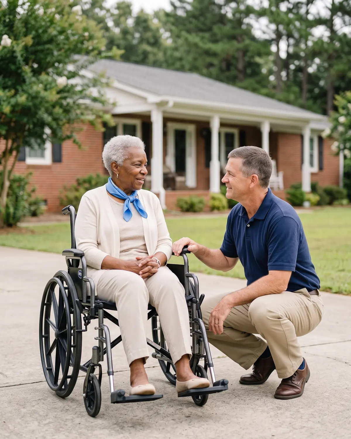 A Carolina Premier Mobility driver crouches beside an older woman in a wheelchair in her driveway, talking with her at eye level.