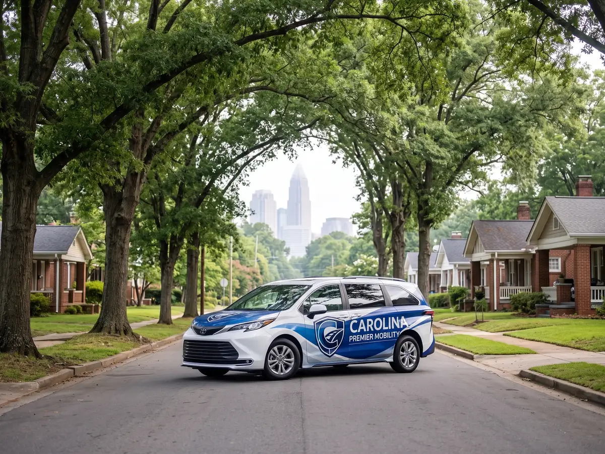 The Carolina Premier Mobility van on a tree-lined street in Charlotte, with the skyline in the distance.