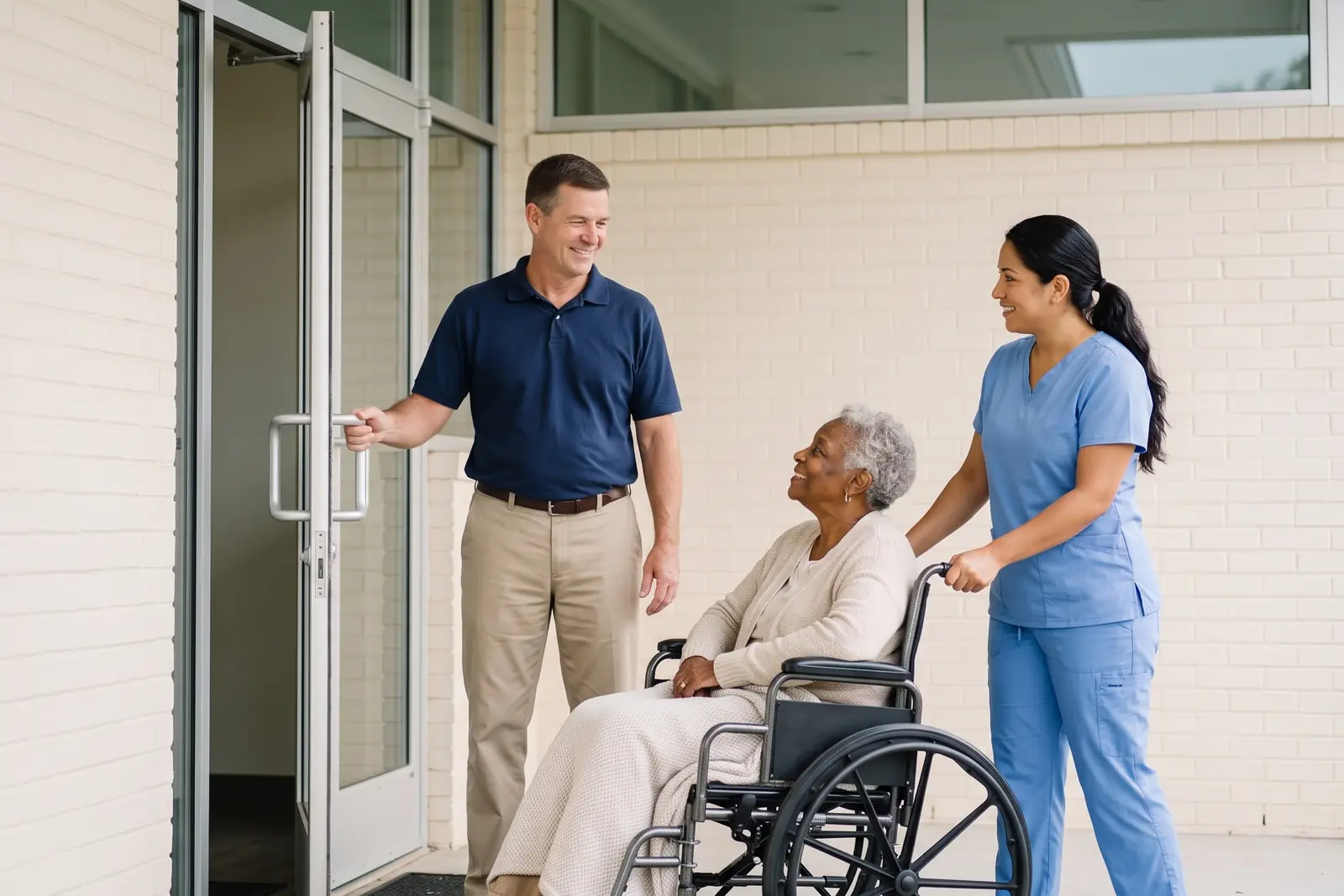 A Carolina Premier Mobility driver holds the door at a care facility entrance as a nurse brings a resident in a wheelchair through.