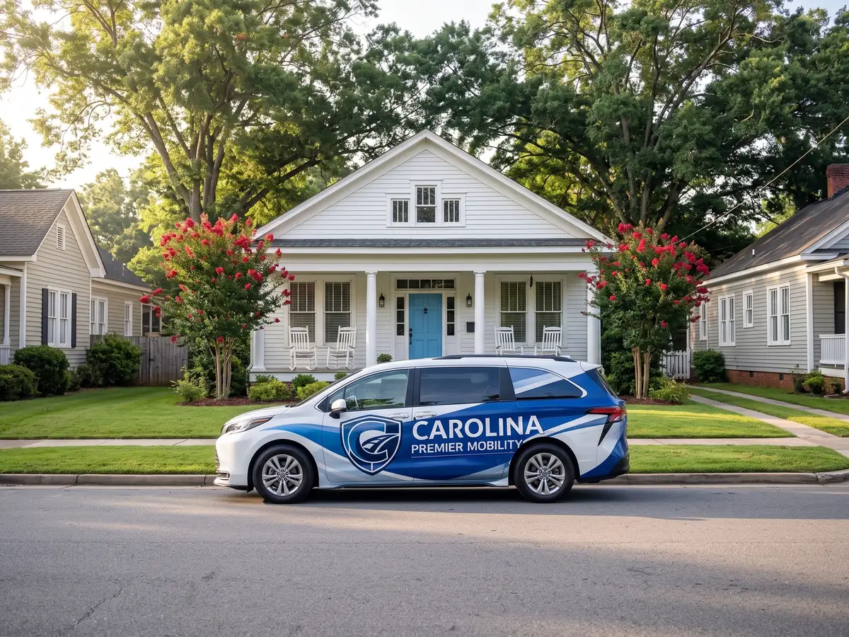 The Carolina Premier Mobility van parked outside a home with a wide front porch in Gastonia.