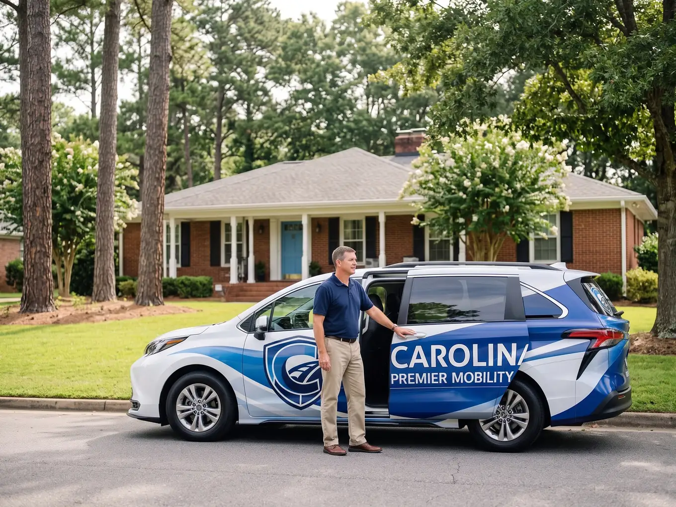 A Carolina Premier Mobility driver stands at the van's open side door at a suburban curb, ready for a pickup.