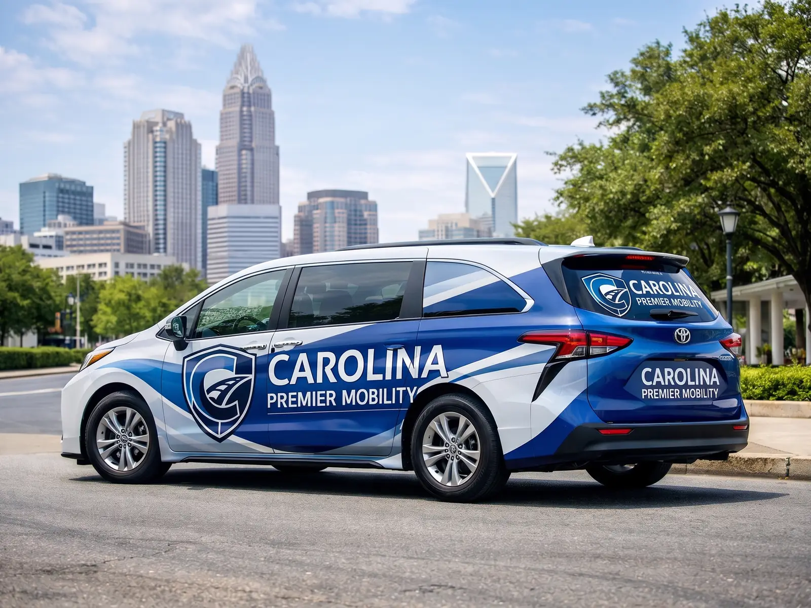 The Carolina Premier Mobility van in its blue and navy wrap, parked in front of the Charlotte skyline on a clear morning.