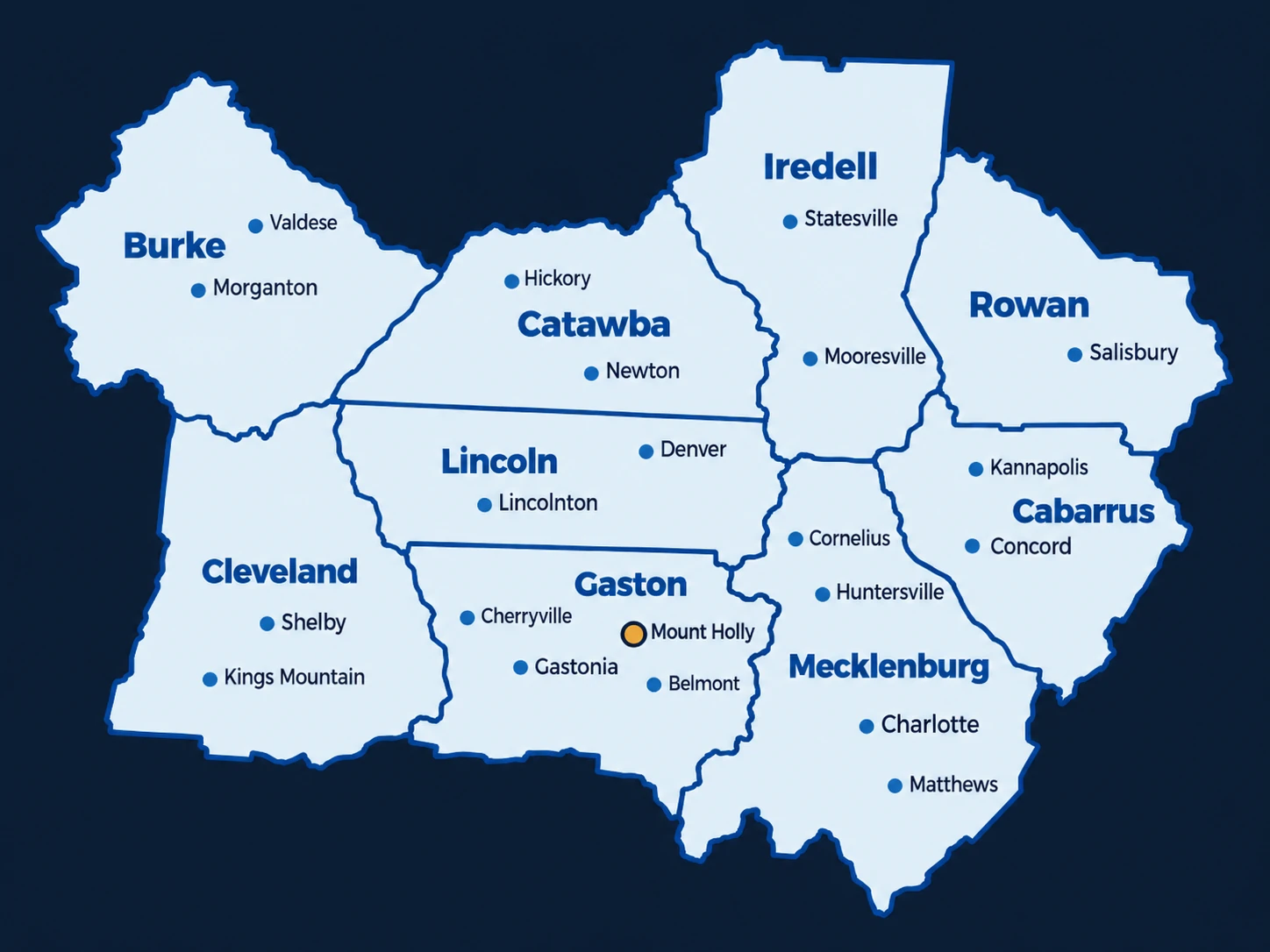 Map of the Carolina Premier Mobility service area: nine counties around Charlotte, North Carolina (Burke, Cleveland, Catawba, Lincoln, Gaston, Iredell, Mecklenburg, Rowan and Cabarrus), with home base marked in Mount Holly.