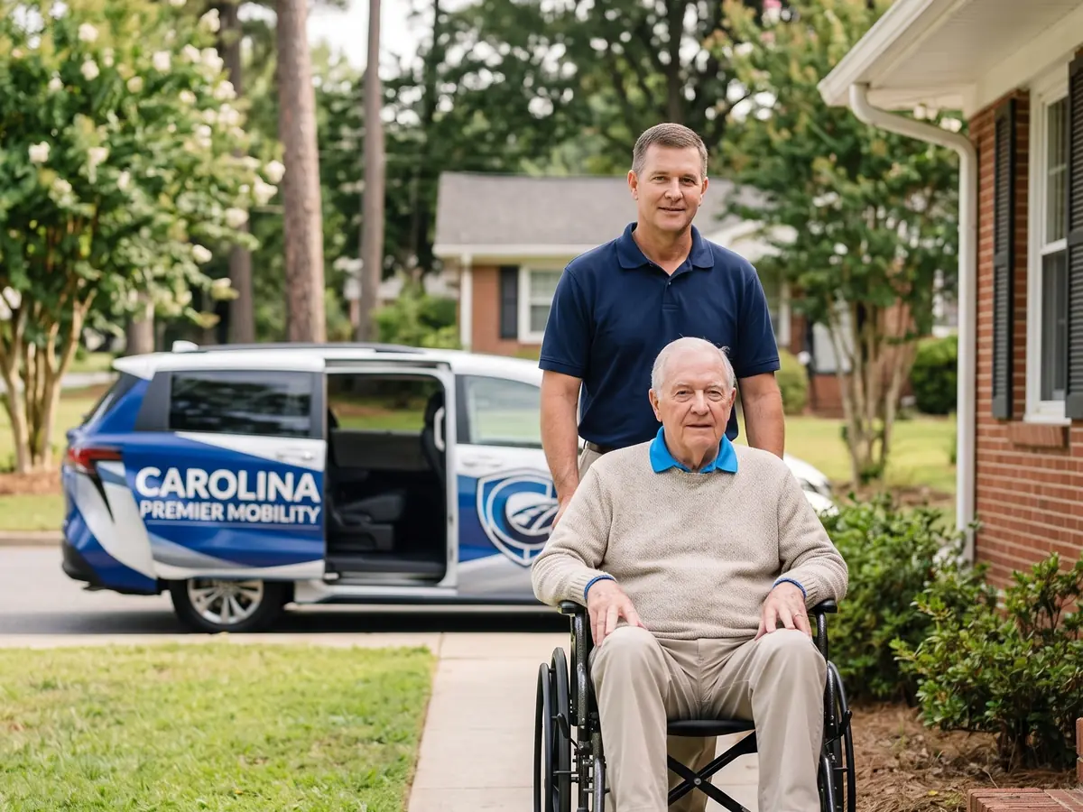 A Carolina Premier Mobility driver with a rider in a wheelchair on the front walk, the van waiting at the curb behind them.