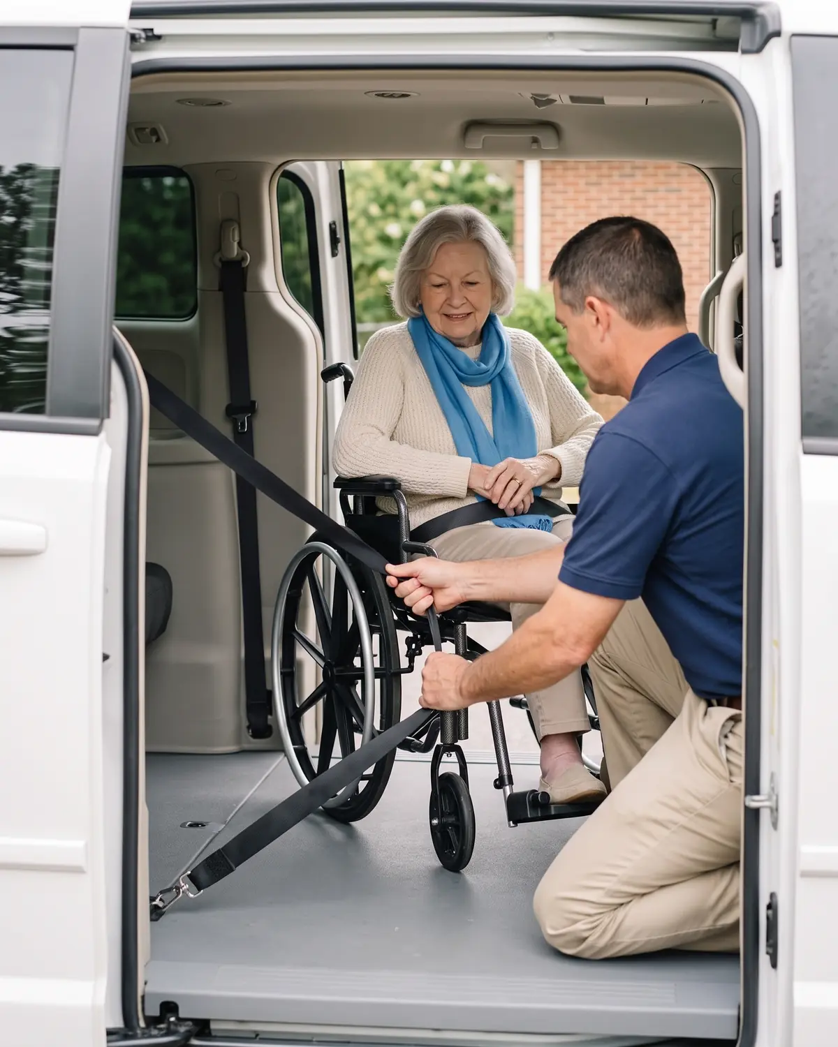 A Carolina Premier Mobility driver tightens a securement strap on a rider's wheelchair inside the van.