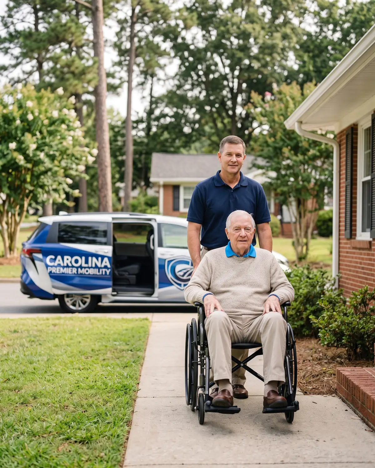 A Carolina Premier Mobility driver brings a rider in a wheelchair down the front walk toward the van at the curb.